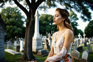 ral-exposure, double exposure, Photo.  Profile of a woman in a lace summer dress, She is looking upward with her eyes closed beside a tree.  Background is a cemetery. Style by J.C. Leyendecker. Canon 5d Mark 4, Kodak Ektar, 35mm,Long_Exposure