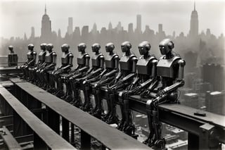 B & W photograph of a group of robots constrution sitting on a steel beam high above the ground, during lunch break, during construction of the RCA Building in Manhattan, art by by Lewis Hine, September 20, 1932