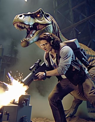 H4ck3rm4n, A man riding a T-rex, hackerman, firing machine gun