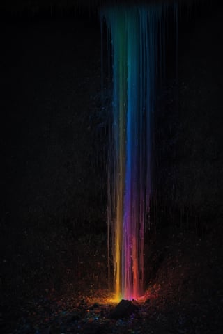 A waterfall of rainbow-colored bioluminescence particles that fall into the ground, dissolving into pixels.