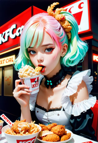 anime_artwork, rococo, grand_photograph, polaroid, annoyed_girl, eating KFC chicken, neon_glowing_hair, canon_5d_mark_4, neon_light, kodak_ektar, flamboyant, pastel_colors, curved_lines, elaborate_detail, rococo, art by j.c. leyendecker