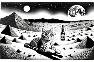 A quick and playful drawing of a cat enjoying a refreshing beer on the lunar surface. The image will feature the feline relaxing on the moon's rocky terrain, surrounded by the desolate and otherworldly landscape. The overall look and feel of the drawing will be inspired by the humorous and whimsical style of Gary Larson and the sci-fi setting of the moon.