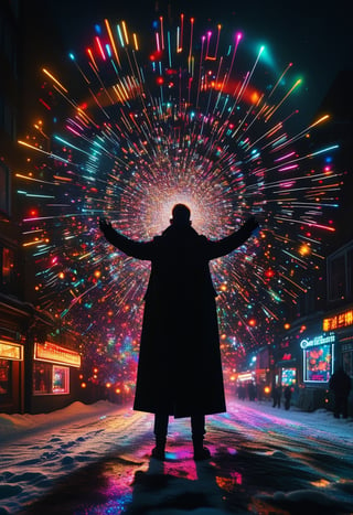 A man in a black coat, back view, arms raised, standing in the snow, radiating colorful sparkles. ral-exposure, in the style of double exposure, neon art nouveau, long exposure, wimmelbilder, layered lines, neonpunk, chiaroscuro, best quality, masterpiece, highres, absurdres, incredibly absurdres, huge filesize, wallpaper, colorful,8K,RAW photo
,Long_Exposure