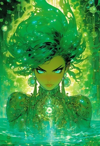 female ,Statuesque, Inuit, Turquoise eyes, Small Ears, Nostril Flared Nose, Pointed Jaw, , Auburn Blunt cut hair, Joy, Gazing into a pool of scrying water, seeking visions of the future, art by Masamune Shirow, Mechanical Wings made of gears and cogs and clockwork Priest, (EmeraldGreen Glitter ,Reality manipulation,Solar Flare,Parallel liness,Drifting,Cuboid magic:1.0) Harmonious or Discordant Effects , Incantation Pose, Hands near mouth, casting powerful spells, Spectral Radiant