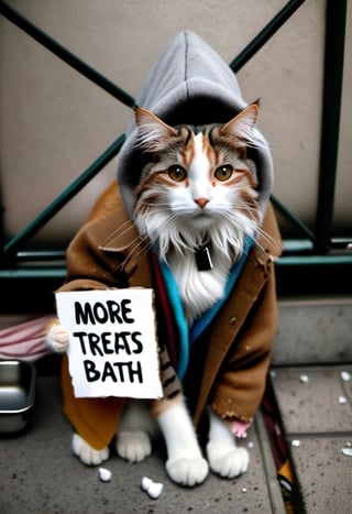 Photo of a homeless cat, wearing a sign that say "More Treats, Less Bath".