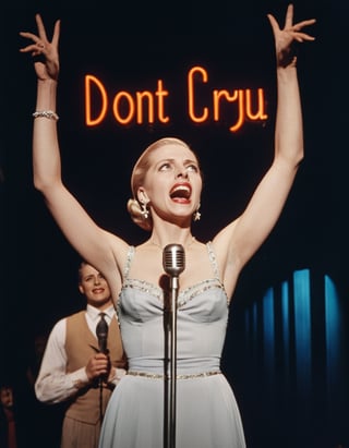 Color Photo of Eva Peron singing "Don't Cry for Me, Argentina" at a Broadway Musical, Stage Neon Sign says "Evita"