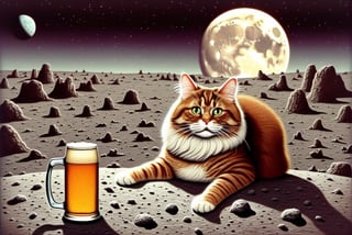A cat enjoying a beer on the lunar surface, surrounded by rocky terrain, desolate and otherworldly landscape, art by Gary Larson