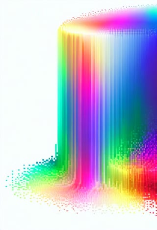 A waterfall of rainbow-colored pixels that fall into the ground, dissolving into pixels.  White background