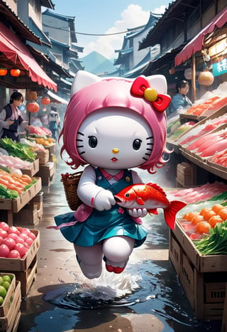 Anime artwork. Hello Kitty holding a fish, running away in a market
