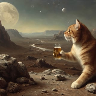 Oil painting. Close up of a cat enjoying a beer on the lunar surface, surrounded by rocky terrain, desolate and otherworldly landscape,digital painting,oil painting