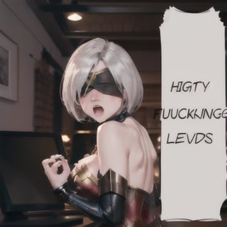 Highly detailed, High Quality, Masterpiece, beautiful, wonder woman, ItsAllFuckingLewdsMeme, monitor, blush, angry, open mouth, , n_2b, blindfold, black blindfold, large breasts, 