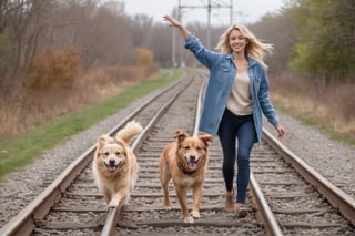 Photo of a blonde woman, arm stretched for balance, walking heel-to-toe on a single train rail. Her dog, a playful and energetic breed, trots along the rail beside her.