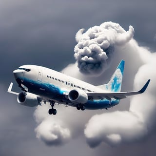 Boeing 737 flying, backgrouind is a Cloud that looks like a Demon. 