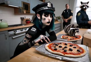 Profile of Goth girl with piercing and tattoo, cooking beans over pizza, while policemen  disperse raccoons, kitchen,none