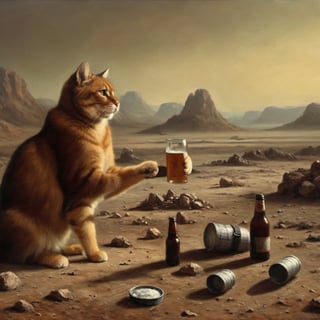 Oil painting. Close up of a cat enjoying a beer on the lunar surface, surrounded by empty and full beer bootles. Rocky terrain, desolate and otherworldly landscape,digital painting,oil painting