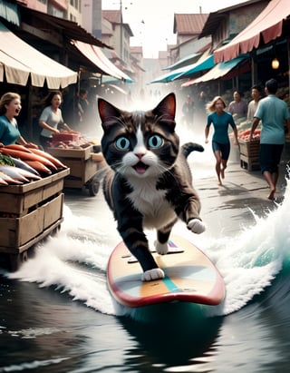 Cinematic still of cat,  scared, surfing on top of a fish,  running away in a market