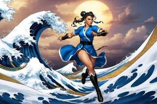 Long shot. Photo of a Chun-Li from Street Fighter, running, background The Great Wave off Kanagawa