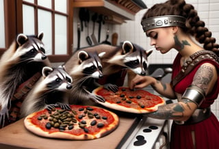 Roman soldiers killingraccoons in the kitchen. Profile of 1girl, with piercing and tattoo,   cooking beans over pizza