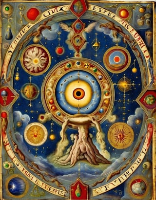 Paiting of a Medieval cosmic rendition of the alchemy elements, third eye, gate to heaven