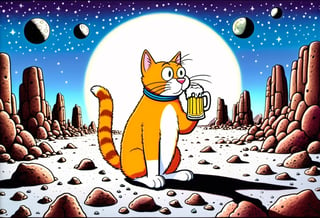 Cartoon Artwork. A cat drinking a beer on the lunar surface, surrounded by rocky terrain, desolate and otherworldly landscape, art by Gary Larson