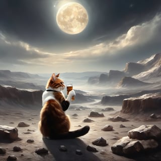 Oil painting. Close up of a cat enjoying a beer on the lunar surface, surrounded by rocky terrain, desolate and otherworldly landscape,digital painting