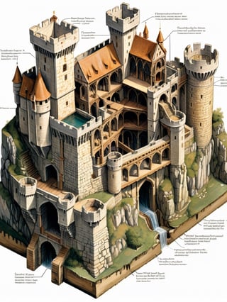 (Isometric Cutaway:1)  page from textbook with isometric cutaway view of medieval castle, cross-section view, labeled parts,  detailed technical drawing, text description, stone walls with windows, fortified towers with wooden parts, mechanical bascule bridge, water ditch, vegetation,