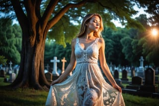 Photo.  Profile of a woman in a lace summer dress, She is looking upward with her eyes closed beside a tree.  Background is a cemetery. ral-exposure, masterpiece, best quality, light painting, (long exposure:1.2), dynamic streaks, luminous trails, vibrant colors, fluid movement, captivating patterns, creative experimentation