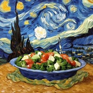 Photo of a platter of vegetable salad, arranged in the for of Van Gogh's Starry Night,v0ng44g