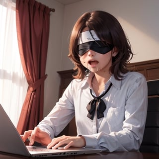 Boy, drooling, blindfold, black blindfold, staring at laptop,ItsAllFuckingLewdsMeme