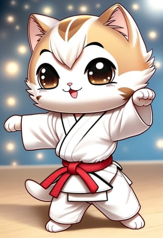 Photo of a chibi kitten, wearing karate gi, practicing Karate at a doujo.