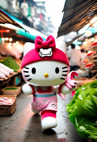 Photo of Hello Kitty holding fish with paws, running away in a market