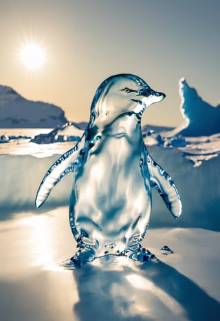 Photo of a penguin made of water, over blue polar ice cap, bright sun