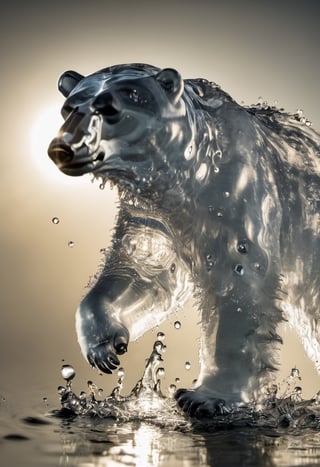 Photo of a polar bear made of water, dripping waterdrops, running, bright sun.