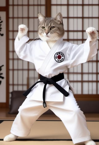 Cat, wearing karate gi, practicing Karate at a doujo.