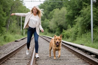 Photo of a blonde woman, arm stretched for balance, walking heel-to-toe on a single train rail. Her dog, a playful and energetic breed, trots along the rail beside her.