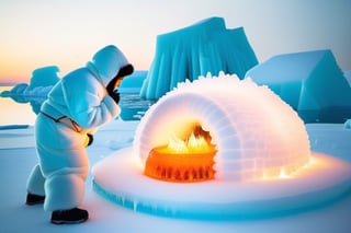 Photo of an inuit looking at a burning Igloo made of water and ice, melting, pool of water on ice,