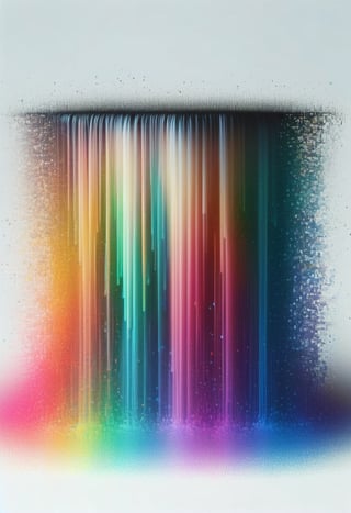 A waterfall of rainbow-colored bioluminescence particles that fall into the ground, dissolving into pixels.  White background