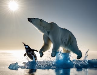 Photo of a polar bear chasing a penguin running across blue polar ice cap, made of water, dripping waterdrops, over bright sun
