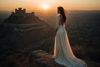 A striking cinematic shot of a  woman standing atop an ancient, crumbling fortress, overlooking a vast landscape. The sun sets in the background, casting a warm golden light over the scene. The woman, dressed in a flowing white dress, gazes intently into the distance, her expression a mixture of determination and melancholy. The overall atmosphere is both majestic and nostalgic, with a touch of mystery and romance., cinematic. Canon 5d Mark 4, Kodak Ektar