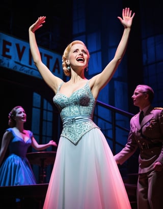 A stunning Broadway musical performance captures Eva Peron, playing the lead role in "Evita," singing the iconic song "Don't Cry for Me, Argentina." The stage is set with a vibrant, neon sign glowing the word "Evita" in bold, cursive letters. Eva, dressed in a beautiful, form-fitting gown, has an air of regality and poise. The audience is in awe, hands raised and faces lit up with emotion as they watch her captivating performance.