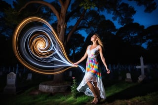 Photo.  Profile of a woman in a lace summer dress, She is looking upward with her eyes closed beside a tree.  Background is a cemetery. ral-exposure, masterpiece, best quality, light painting, (long exposure:1.2), dynamic streaks, luminous trails, vibrant colors, fluid movement, captivating patterns, creative experimentation
