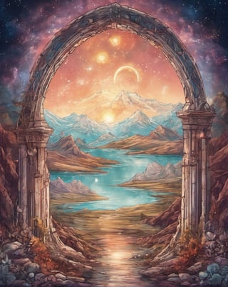 Cosmic archway, into another dimention of the alchemy elements, planets, water, fire, earth. Simple background of clear sky, mountain and medow.