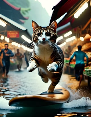 Cinematic still of cat,  scared, surfing on top of a fish,  running away in a market,none