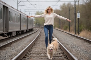 Photo of a blonde woman, arm stretched for balance, walking heel-to-toe on a single train rail. Her dog, a playful and energetic breed, trots along the rail beside her.