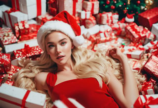 Cinematic Film Still, Pale Blonde Woman, freckles, braids, wearing Santa hat, laying down on her back in a giant pile of presents, in a mansion, raw photo, nikon