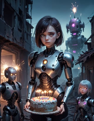 A sad android girl, led eyes, with metallic robot body, holding a sparkler beside her birthday cake, surrounded by her family. A crumbling cyberpunk ruin in the background, night scene