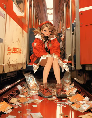 Anime artwork Girl, sitting on train, red interior, rust, garbage on the floor, broken bottles, art by J.C. Leyendecker . anime style, key visual, vibrant, studio anime, highly detailed