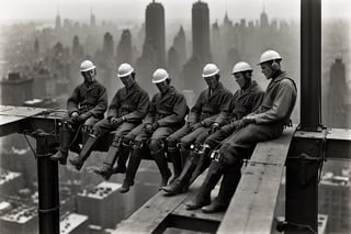 B & W photograph of a group of robots constrution workers havin a break, sitting on a steel beam high above the ground during construction of the RCA Building in Manhattan, art by by Lewis Hine, September 20, 1932