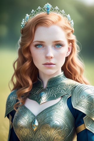 Warm light, medium shot, torso shot, beautiful pale redhead princess, intricate dress armor, bow on back, regal, dynamic pose, windblown hair, intricate crown, perfect face, (realistic eyes), round iris, blue green eyes, intricate, complex, freckles, Helios 44-2, swirly bokeh, trending on artstation

