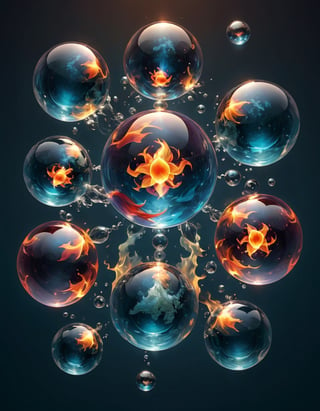Fantasy image of floating transparent spheres arranged in symmetrical pattern, each representing an element, fire, water, air, and earth, vibrant, multicolor, highly detailed.  Simple background